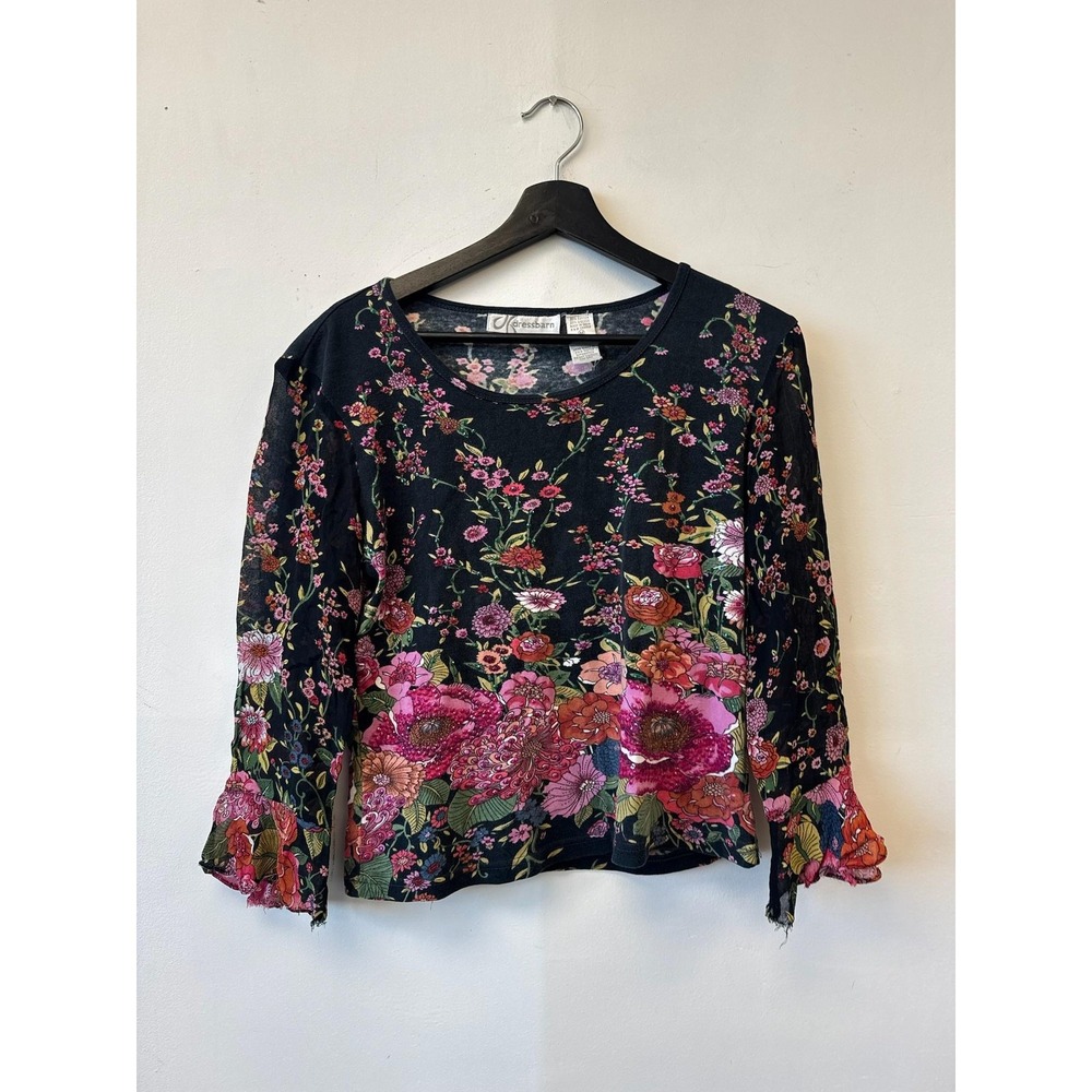 Vintage Dressbarn Shirt Womens Medium Black Floral‎ Embellished Top Boho 90s